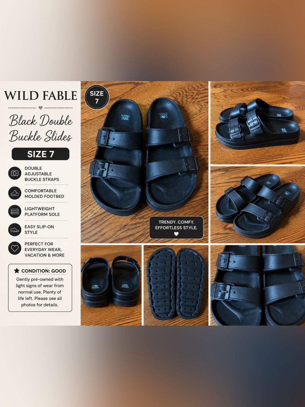 Target Black Double-Strap Slide Sandals with Buckles Size 7